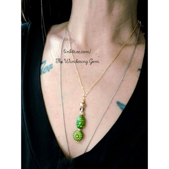 Boho Chic Necklace & Earring Set, Green & Gold, 2 Piece Jewelry Set - Picture 8 of 8